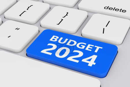 Téléchargez les photos : Clé Blue Budget 2024 sur clavier PC blanc en gros plan. Rendu 3d - en image libre de droit