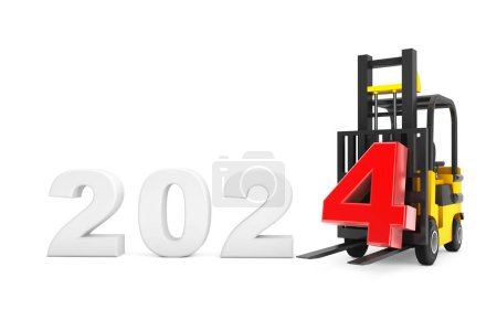 Foto de Carretilla elevadora con el cartel de año nuevo 2024 sobre un fondo blanco. Renderizado 3d - Imagen libre de derechos