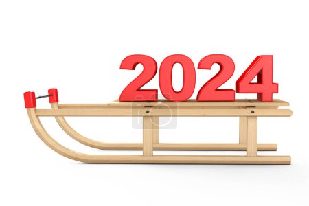 Foto de Clásico trineo de madera con el cartel de año nuevo 2024 sobre un fondo blanco. Renderizado 3d - Imagen libre de derechos