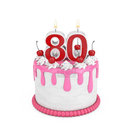 Photo for 80 Year Birthday Concept. Abstract Birthday Cartoon Dessert Cherry Cake with Eighty Year Anniversary Candle on a white background. 3d Rendering - Royalty Free Image