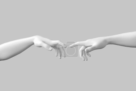 Hand to Hand. Abstract Imitation of Michelangelo's the Creation of Adam. God and Adam Hands on a white background. 3d Rendering 