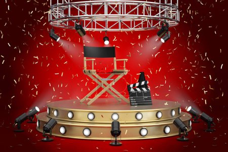 Photo for Director Chair, Movie Clapper and Megaphone on a Golden Product Presentation Podium Stage with Spotlights on a red background. 3d Rendering - Royalty Free Image