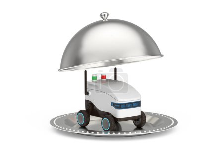 Téléchargez les photos : Robot de prestation de services d'intelligence artificielle Drone in Silver Restaurant Cloche sur fond blanc. Rendu 3d - en image libre de droit