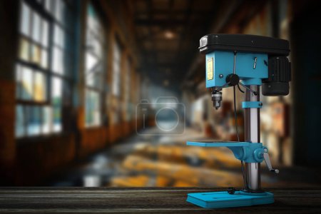 Foto de Taladro vertical banco taladro máquina de prensa en una mesa de madera. Renderizado 3d - Imagen libre de derechos