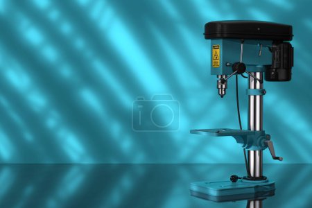 Foto de Taladro vertical banco taladro máquina de prensa sobre un fondo azul. Renderizado 3d - Imagen libre de derechos