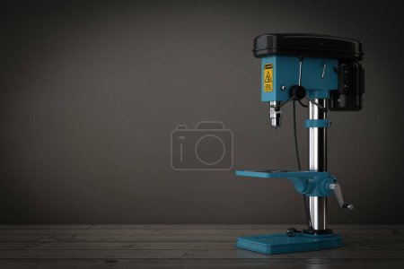 Foto de Taladro vertical banco taladro máquina de prensa en una mesa de madera. Renderizado 3d - Imagen libre de derechos