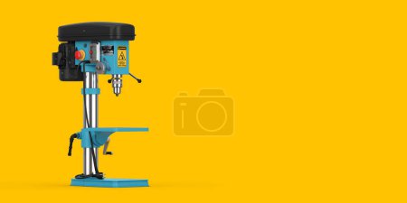 Foto de Taladro vertical taladro banco máquina de prensa sobre un fondo amarillo. Renderizado 3d - Imagen libre de derechos