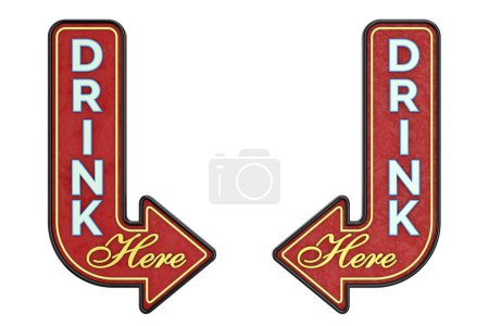 Vintage Rusty Metal Drink Here Arrow Sign on a white background. 3d Rendering