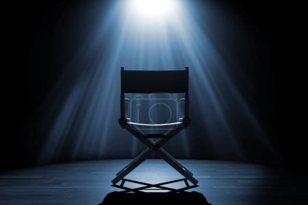Photo for Cinema Industry Concept. Back of Director Chair in Spotlight Lights on a black background. 3d Rendering - Royalty Free Image