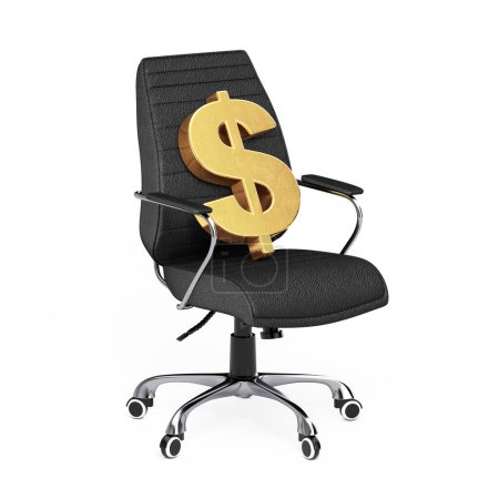 Téléchargez les photos : Golden Dollar signe assis sur une chaise de bureau en cuir noir patron sur un fond blanc. Rendu 3d - en image libre de droit