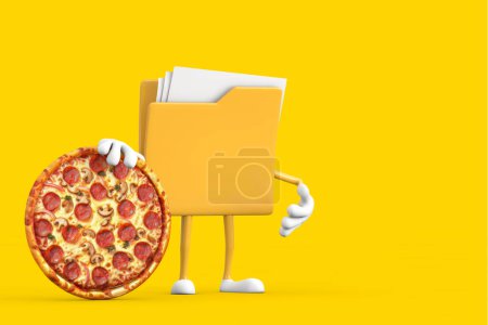 Téléchargez les photos : Mascotte de personnage de personnage de personnage de bande dessinée Icône dossier jaune avec savoureux Pepperoni Pizza sur un fond jaune. Rendu 3d - en image libre de droit