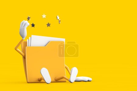 Téléchargez les photos : Mascotte de personnage de personnage de bande dessinée d'icône de dossier jaune assis avec des étoiles autour de la tête sur un fond jaune. Rendu 3d - en image libre de droit