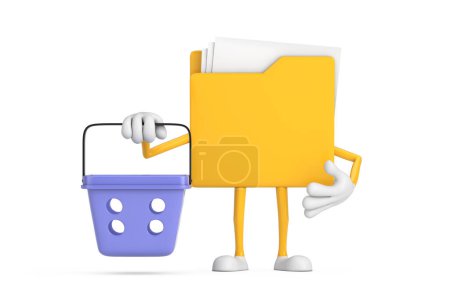 Téléchargez les photos : Mascotte de personnage de personnage de bande dessinée Icône de dossier jaune avec panier d'achat de bande dessinée sur un fond blanc. Rendu 3d - en image libre de droit