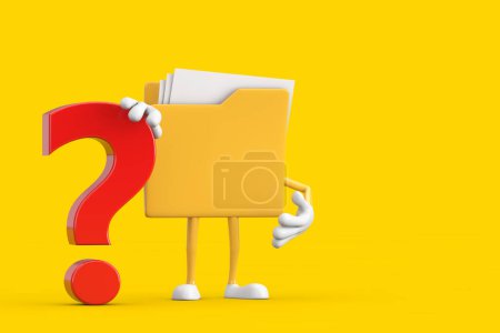 Yellow File Folder Icon Cartoon Person Character Maskottchen mit rotem Fragezeichen Zeichen auf gelbem Hintergrund. 3D-Darstellung 