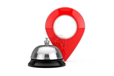 Téléchargez les photos : Hôtel Service Bell avec épinglette pointeur carte rouge sur un fond blanc. Rendu 3d - en image libre de droit