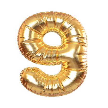 Téléchargez les photos : Ballon en métal doré numéro 9 Symbole pour fête, texte, vacances sur fond blanc transperent. Rendu 3d - en image libre de droit
