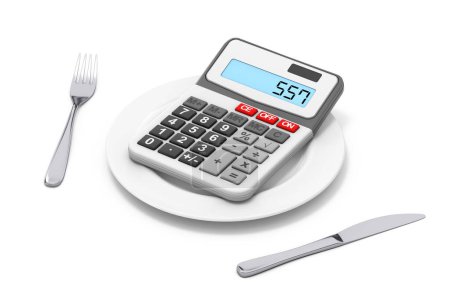 Téléchargez les photos : Calculatrice de poche sur plaque avec une fourchette et un couteau sur fond blanc. Rendu 3d - en image libre de droit
