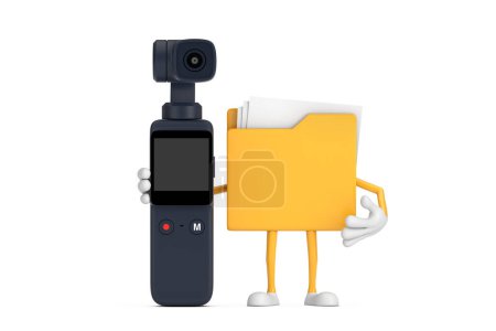 Téléchargez les photos : Mascotte de personnage de personnage de bande dessinée Icône de dossier jaune avec caméra d'action à cardan de poche sur un fond blanc. Rendu 3d - en image libre de droit