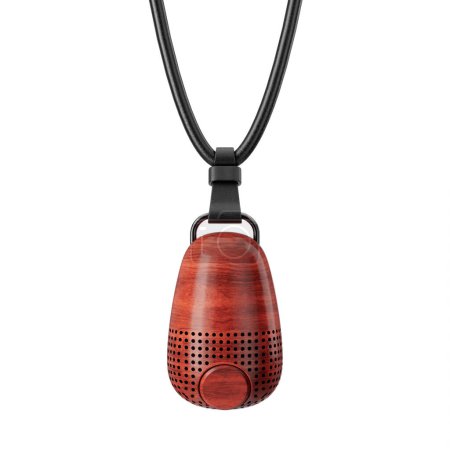 Téléchargez les photos : Haut-parleur musical miniature en bois rouge moderne suspendu à un cordon en cuir sur un fond blanc. Rendu 3d - en image libre de droit