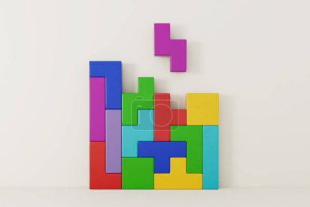 Téléchargez les photos : Concept de pensée créative et logique. Différentes formes colorées blocs en bois sur un fond blanc. Rendu 3d - en image libre de droit