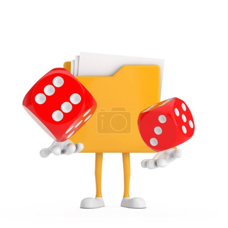 Téléchargez les photos : Mascotte de personnage de personnage de bande dessinée Icône de dossier jaune avec des cubes de dés de jeu rouge en vol sur un fond blanc. Rendu 3d - en image libre de droit