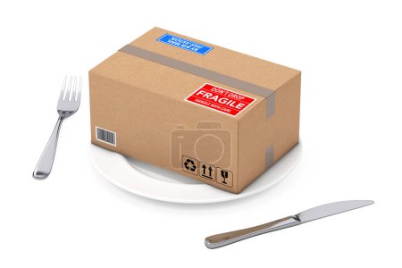 Foto de Paquete de cartón y caja de paquete en placa con un tenedor y un cuchillo sobre un fondo blanco. Renderizado 3d - Imagen libre de derechos
