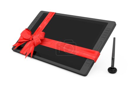 Téléchargez les photos : Grande taille de Digital Graphics Dessin Tablet Monitor avec stylo et écran blanc comme cadeau avec ruban rouge et arc sur un fond blanc. Rendu 3d - en image libre de droit