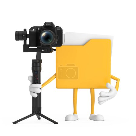 Téléchargez les photos : Mascotte de personnage de personnage de bande dessinée Icône de dossier jaune avec DSLR ou caméra vidéo Système de trépied de stabilisation de la cartouche sur fond blanc. Rendu 3d - en image libre de droit