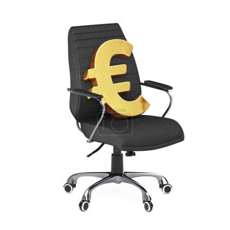 Téléchargez les photos : Plaque Euro dorée assise sur une chaise de bureau Boss en cuir noir sur fond blanc. Rendu 3d - en image libre de droit