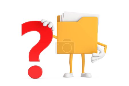 Mascotte de personnage de personnage de personnage de bande dessinée Icône de dossier jaune avec point d'interrogation rouge Signaler sur un fond blanc. Rendu 3d 