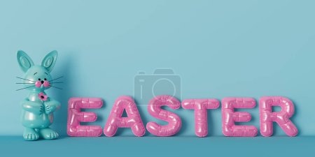 Téléchargez les photos : Lettres rose ballon de Pâques Signer avec le lapin ballon sur un fond bleu. Rendu 3d - en image libre de droit