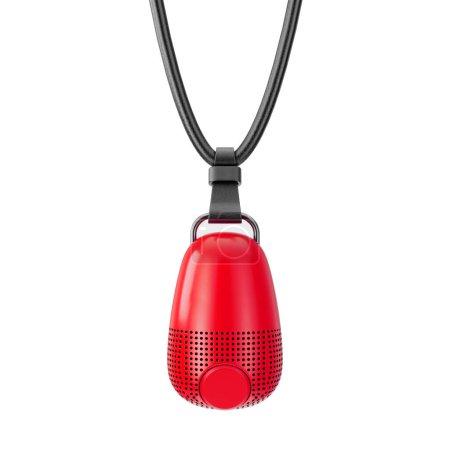 Téléchargez les photos : Haut-parleur musical miniature en plastique rouge moderne suspendu à un cordon en cuir sur un fond blanc. Rendu 3d - en image libre de droit