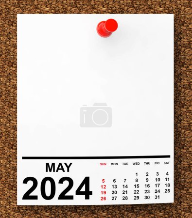 Téléchargez les photos : Calendrier Mai 2024 sur papier de note vierge avec espace libre pour votre texte. Rendu 3d - en image libre de droit