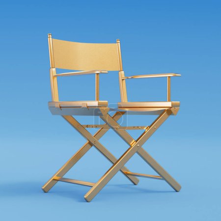 Photo for Golden Director Chair on a blue background. 3d Rendering - Royalty Free Image