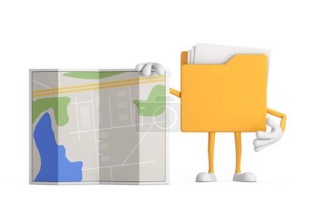 Téléchargez les photos : Mascotte de personnage de personnage de bande dessinée Icône dossier jaune avec plan de ville abstrait Carte sur un fond blanc. Rendu 3d - en image libre de droit