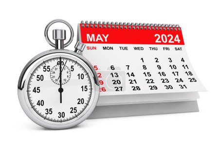 Téléchargez les photos : 2024 Année Mai Calendrier avec chronomètre sur un fond blanc. Rendu 3d - en image libre de droit