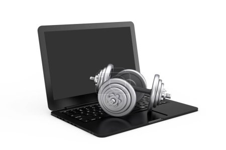 Foto de Equipo de ejercicio Fitness Dumbbells Peso en la parte superior de la computadora portátil moderna sobre un fondo blanco. Renderizado 3d - Imagen libre de derechos