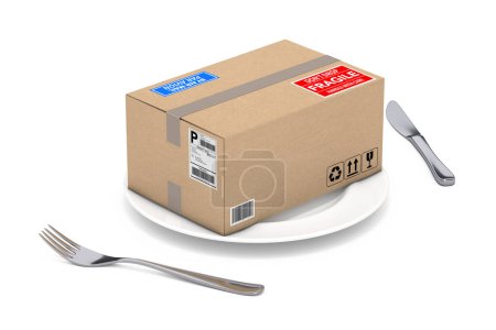 Foto de Paquete de cartón y caja de paquete en placa con un tenedor y un cuchillo sobre un fondo blanco. Renderizado 3d - Imagen libre de derechos