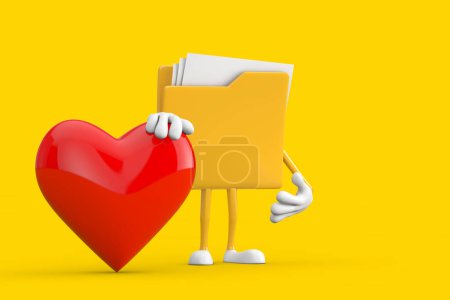 Téléchargez les photos : Mascotte de personnage de personnage de bande dessinée Icône dossier jaune avec coeur rouge sur un fond jaune. Rendu 3d - en image libre de droit