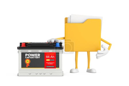 Téléchargez les photos : Mascotte de personnage de personnage de bande dessinée Icône de dossier jaune et accumulateur de batterie de voiture rechargeable 12V avec étiquette abstraite sur un fond blanc. Rendu 3d - en image libre de droit