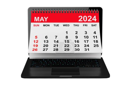 Téléchargez les photos : Calendrier 2024 année. Calendrier mai sur écran d'ordinateur portable sur un fond blanc. Rendu 3d - en image libre de droit