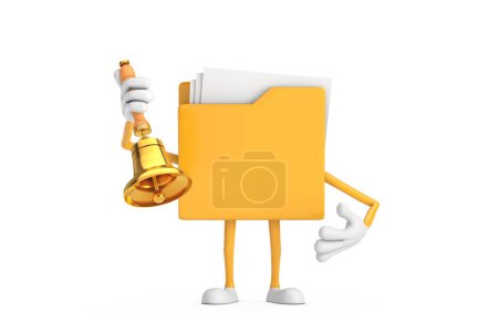 Téléchargez les photos : Mascotte de personnage de personnage de bande dessinée Icône dossier jaune avec cloche Vintage Golden School sur un fond blanc. Rendu 3d - en image libre de droit