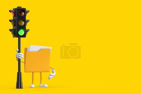 Téléchargez les photos : Mascotte de personnage de personnage de bande dessinée Icône de dossier jaune avec feu vert de circulation sur un fond jaune. Rendu 3d - en image libre de droit