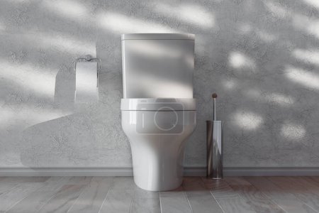 Téléchargez les photos : Bol de toilette moderne en céramique blanche avec papier toilette sur support chromé et brosse de toilette dans la chambre avec mur blanc et ombres du soleil extrême gros plan. Rendu 3d - en image libre de droit
