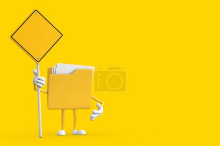 Téléchargez les photos : Mascotte de personnage de personnage de bande dessinée Icône de dossier jaune et panneau de route jaune avec espace libre pour votre conception sur un fond jaune. Rendu 3d - en image libre de droit