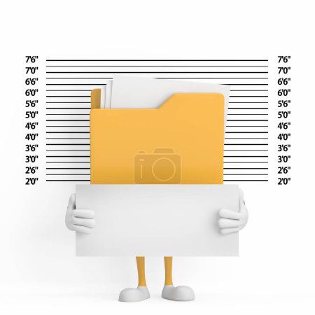 Icono de la carpeta amarilla Personaje de la persona de dibujos animados Mascota con placa de identificación en frente de la alineación de la policía o Mugshot Fondo primer plano extremo. Renderizado 3d 