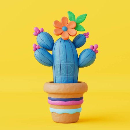 Foto de Lindo cactus de plastilina de dibujos animados sobre un fondo amarillo. Renderizado 3d - Imagen libre de derechos