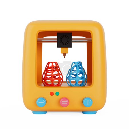 Téléchargez les photos : Icône d'imprimante 3D de jouet de bande dessinée abstraite jaune sur un fond blanc. Rendu 3d - en image libre de droit