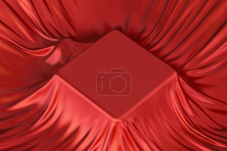 Téléchargez les photos : Bouteille de parfum inconnue sous tissu de soie rouge avec espace vide pour votre conception extrême gros plan. Rendu 3d - en image libre de droit
