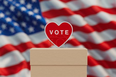 Téléchargez les photos : Campagne présidentielle américaine Vote Heart Shape Badge on an USA Flag Background extreme close seup. Rendu 3d - en image libre de droit